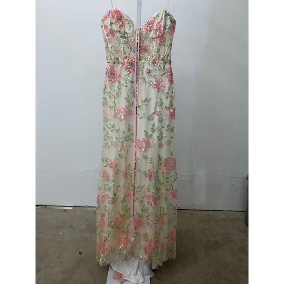 NWT Mac Duggal 2 Sequined Floral Corseted Sheer Sweetheart Long Cream Gown 68180 - Picture 4 of 8